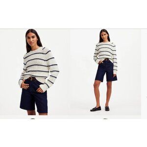 Madewell White and Black Striped Crew Neck Sweater